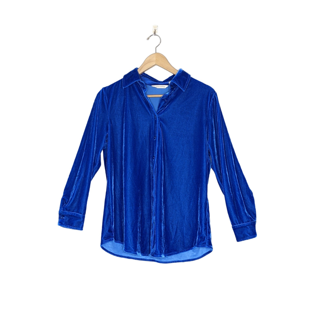 Soft Surroundings Bright Blue Velvet Long Sleeve Collared Button Up Top Size PS